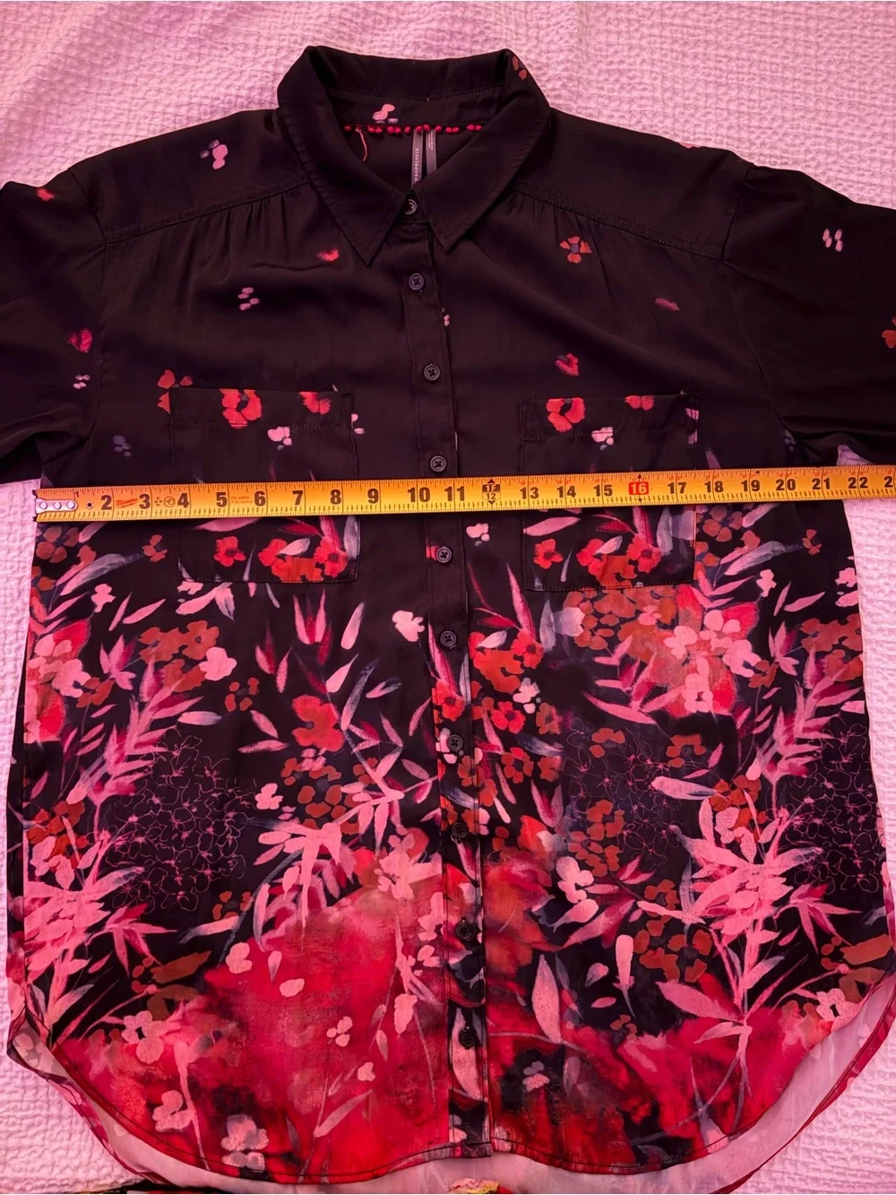 Anthropologie Silky Button Up Long Sleeve Black with pink and red floral Medium